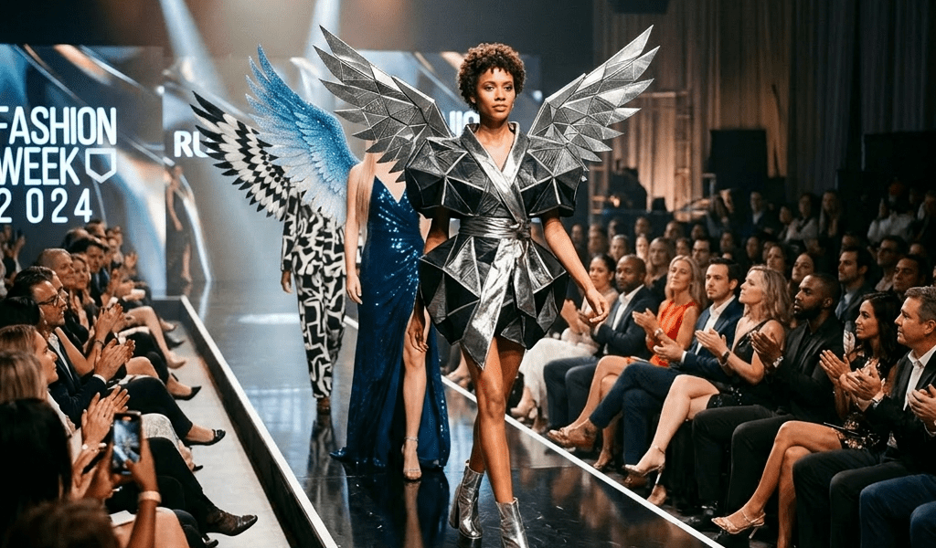Models walking runway at Fashion Week 2024 wearing modern designs